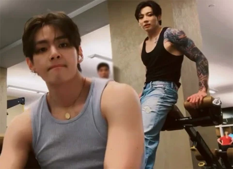 BTS V and Jungkook showing off their broad shoulders and workout physiques in sleeveless tops at the gym
