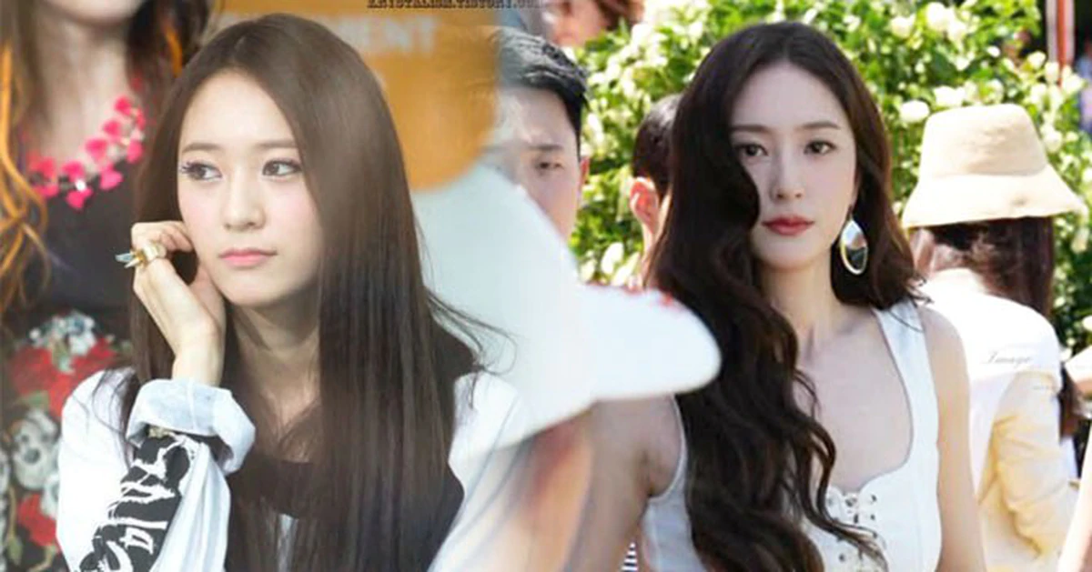 Side-by-side comparison of Krystal Jung at age 19 and age 32 showing her ageless Ice Princess look