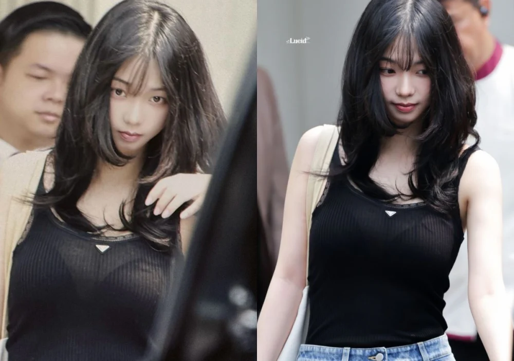 aespa Karina bare-faced visuals at Singapore Changi Airport wearing a black tank top