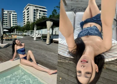 Apink member Oh Hayoung relaxing by the pool in a blue paisley tube top bikini