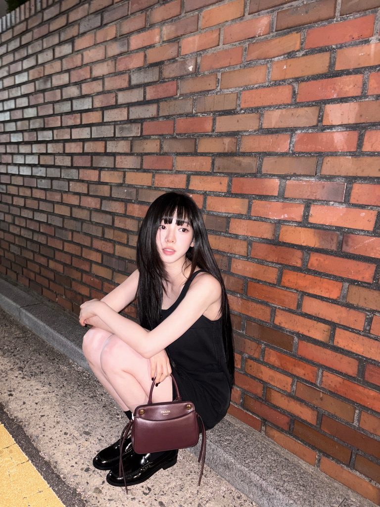 aespa Karina posing in a black dress against a red brick wall in autumn