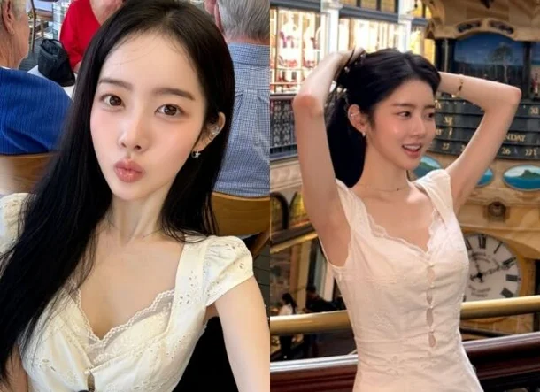 STAYC Sieun wearing a white mini dress on a street in Sydney Australia