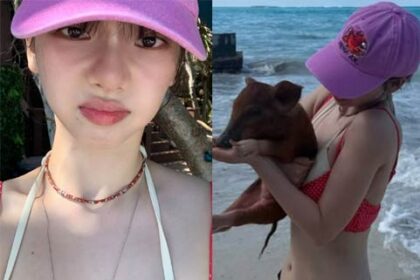 aespa Karina wearing a red bikini on the beach in the Bahamas