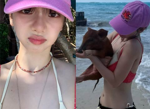aespa Karina wearing a red bikini on the beach in the Bahamas